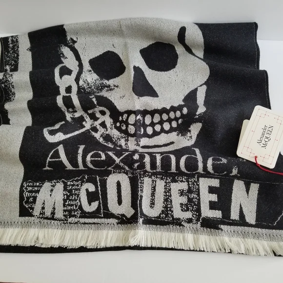 Alexander McQueen Wool Skull Large Scarf Black Grey - Picture 7 of 11